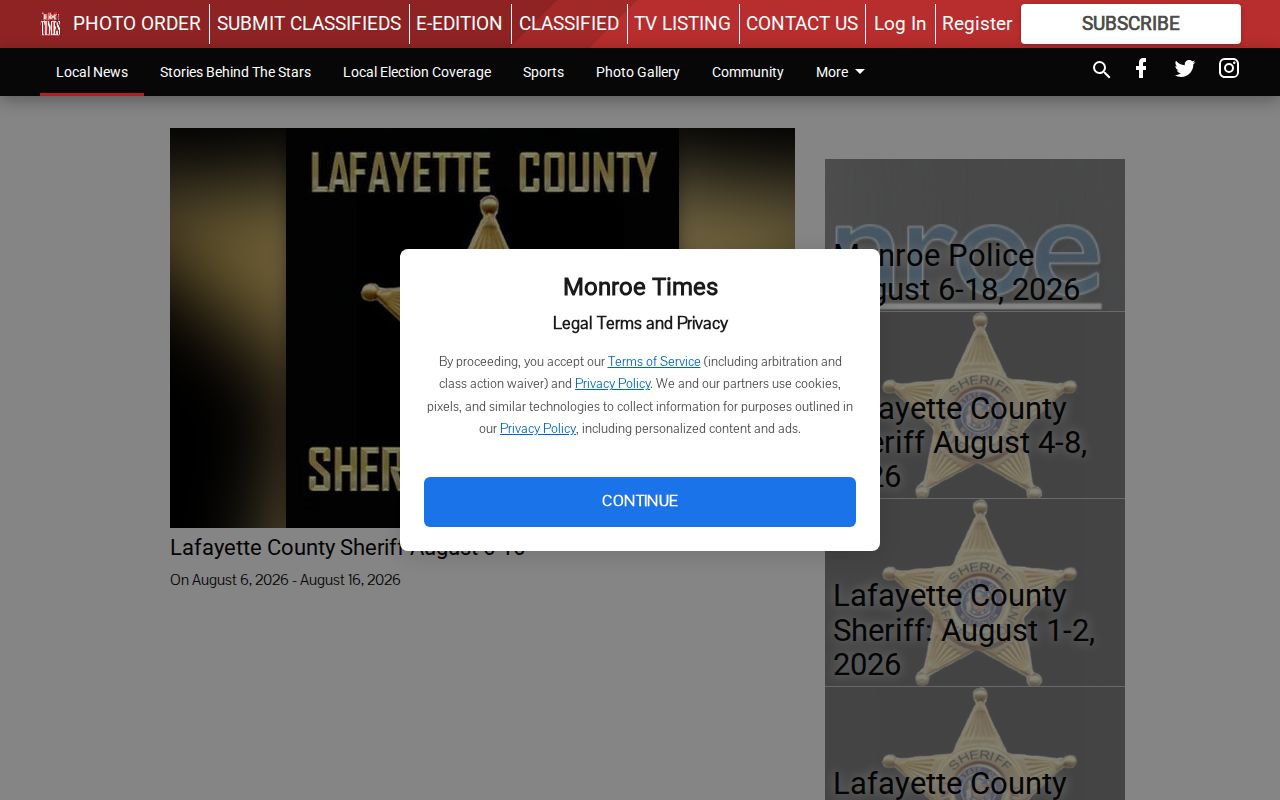 Lafayette County crime-news record source showing Monroe Times Sheriff report index