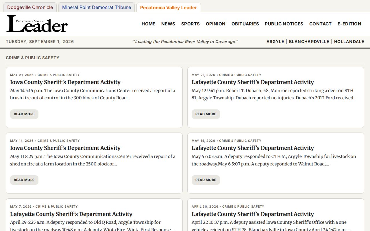 Lafayette County public-safety news record source at Pecatonica Valley Leader